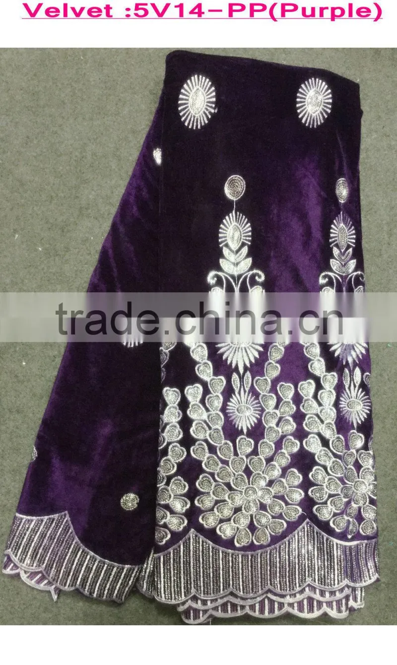 New products on china market flower design purple high quality african velvet lace fabrics for nigeria party 2015