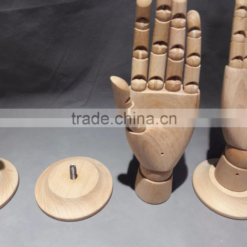 25cm height female right wooden hand beech wood with round wooden base