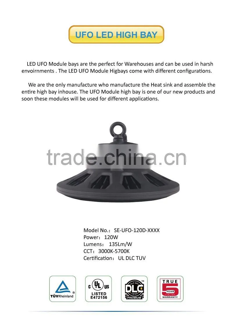 UL DLC TUV certification 120w 150W 200W 240W UFO led iindustrial lighting 135Lms/W 5years warranty ip65 led high bay lighting