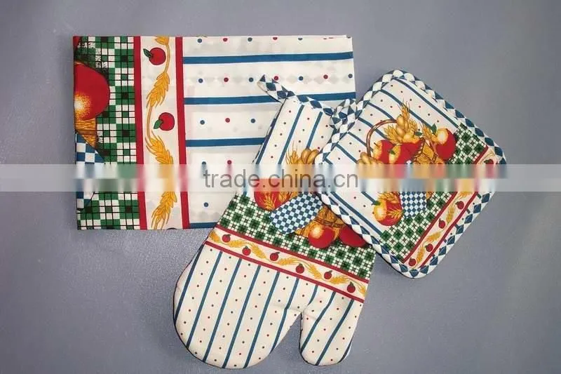 3 pcs silk screen print cotton kitchen apron set print cotton pot holder oven mitten set
