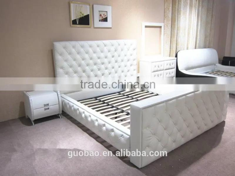 13073 soft white leather bed with button headboard/latest bonded leather bed designs