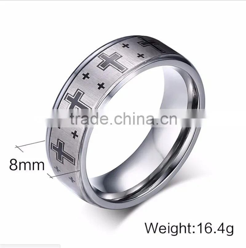 8 mm Cross Band Silver Color Tungsten Carbide Ring