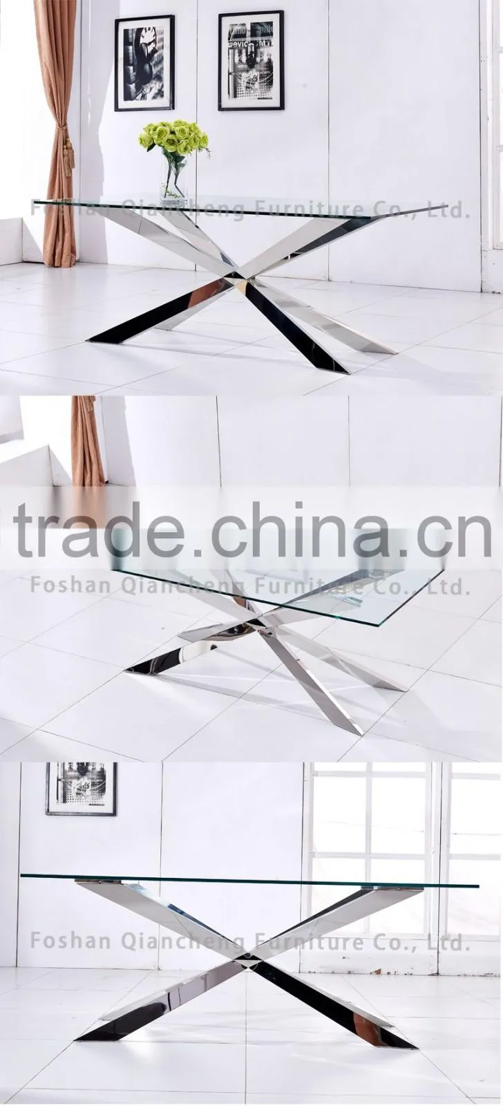 modern clear glass top dining table with stainless steel frame and base