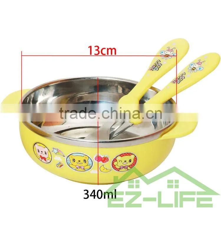 Stainless steel food feeding bowls with spoon and plastic chopsticks kids tableware set