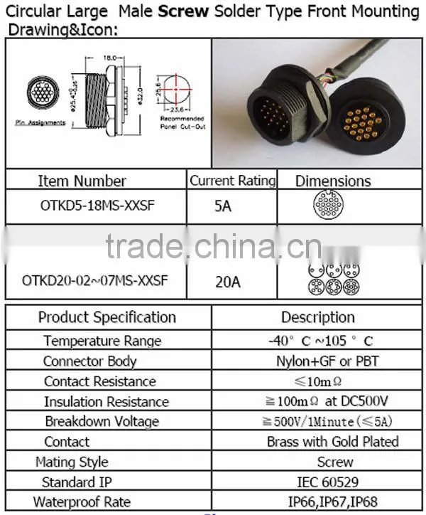 Circular large male screw solder type front mounting Waterproof Connector