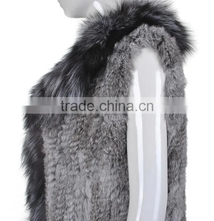 YR263 Genuine Rabbit Knit Fur Vest with Fox Collar Top Quality