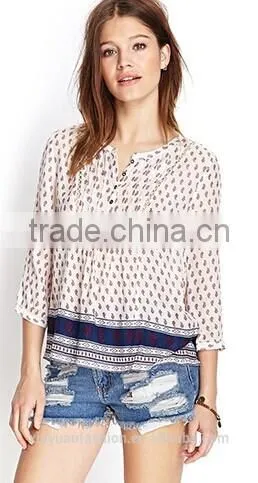 2015 hot sale Bordered Paisley Peasant paisley flower print ladies Tops