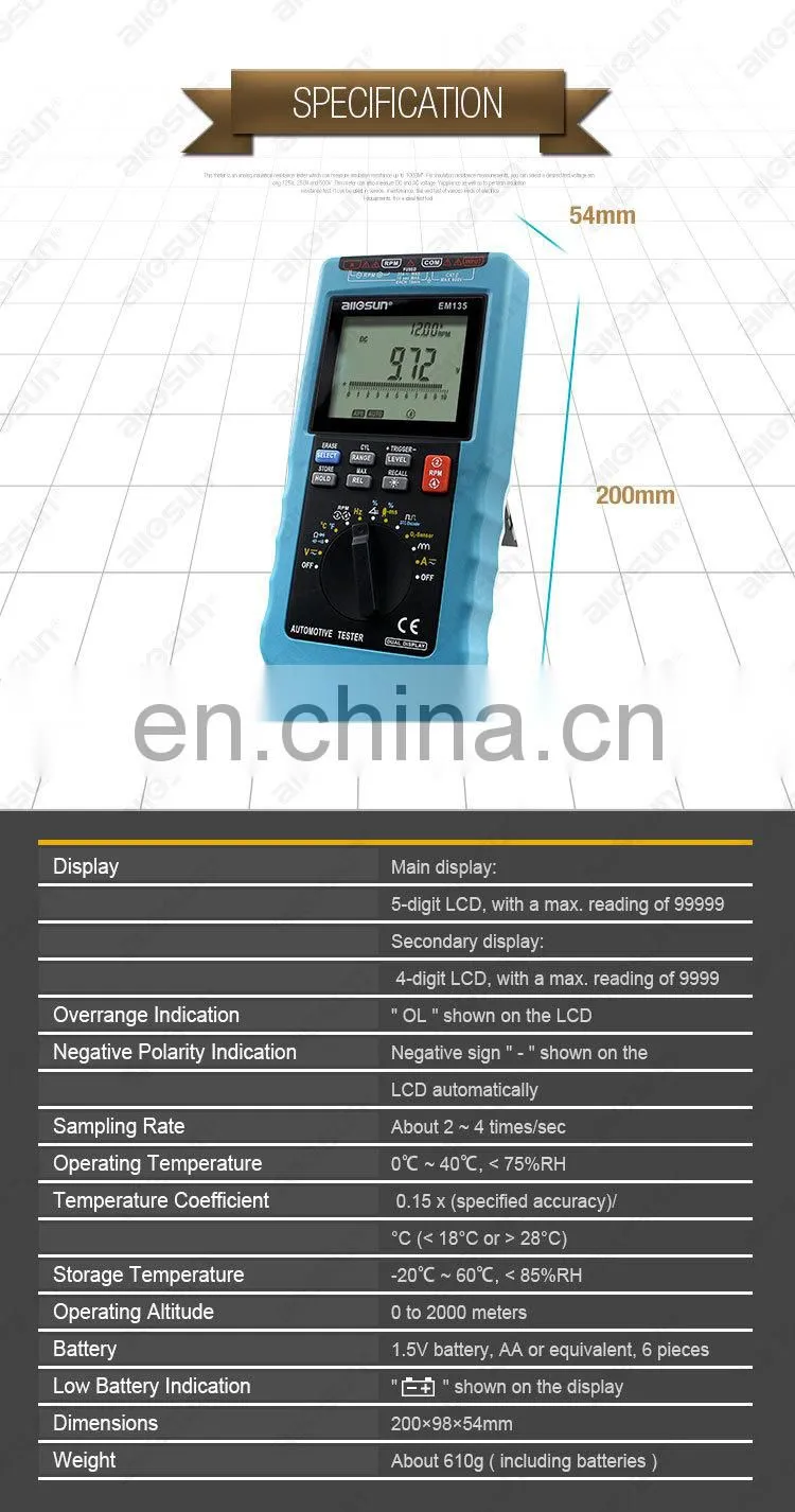 allosun EM135 Car Diagnostic Tool Digital Automotive Multi-meter Car Engine RPM Tester Dwell Angle Car Alternator Tester