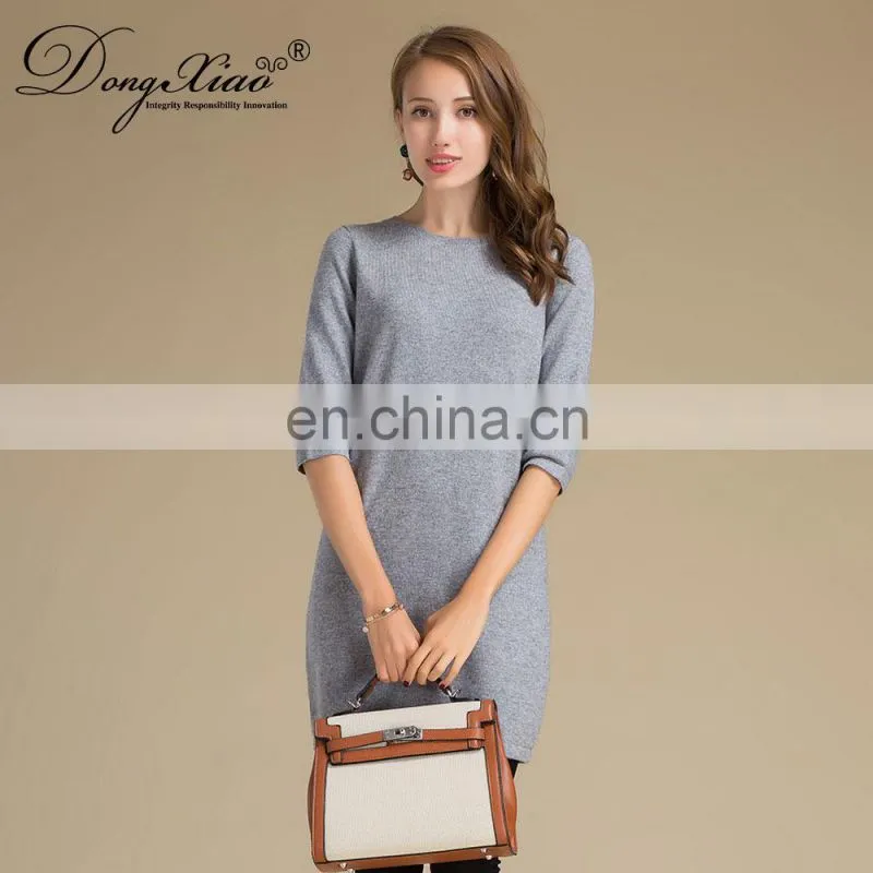 Custom Design Casual Pullover Crew Neck Half Sleeves Pure Cashmere Knitted Women's Sweater Dress
