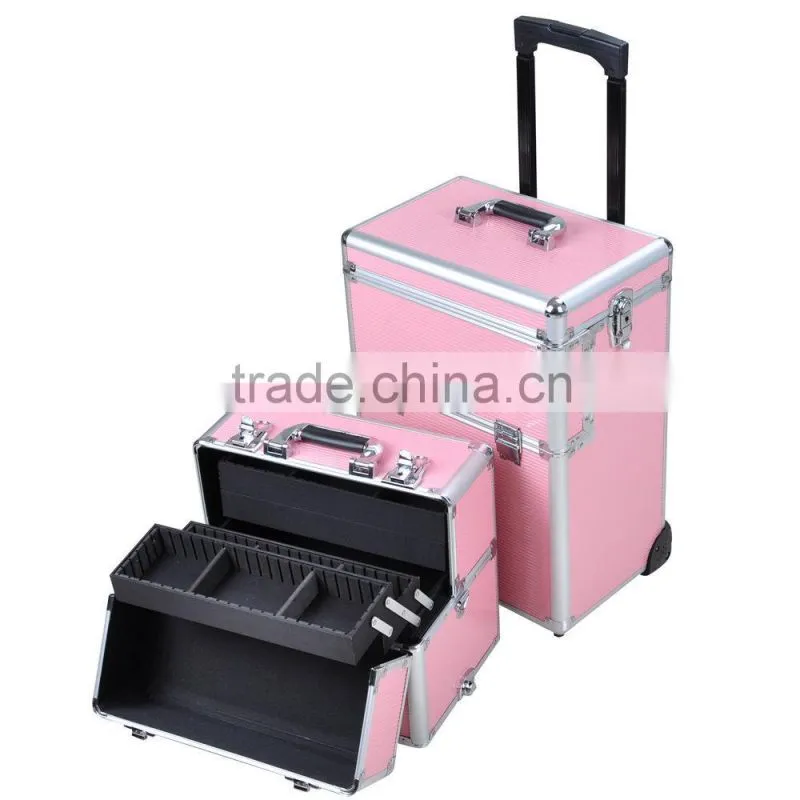 38" Pink 2 in1 Aluminum Rolling Makeup Train Case Lockable Wheeled Cosmetic Box