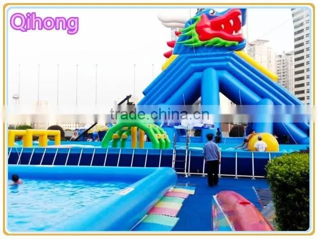 commercial grade rectangular metal frame swimming pool with inflatable water slides, inflatable deep swimming pool