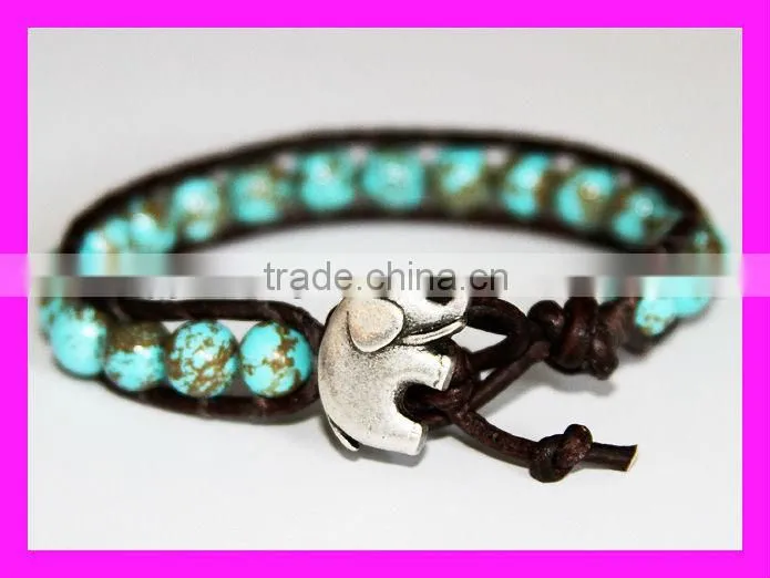 GZKJL-BL0187 Leather Wrap Gem beads Elephant Yoga Bracelet Genuine Turquoise Beaded African Bracelet