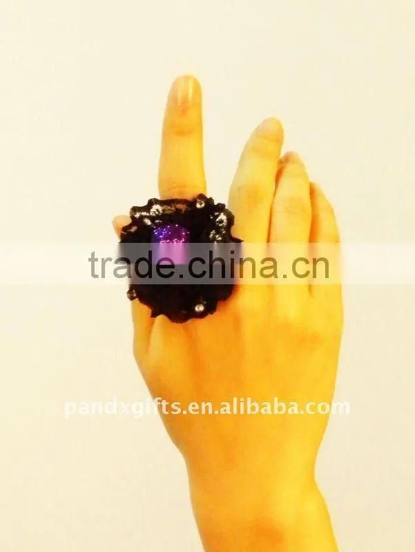 Green glittered skull adjustable ring with feather for masquade party