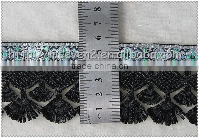 Wholesale 5.7cm scalloped shaped fringe trimming, Black tassel fringe, high-grade jacquard ribbon