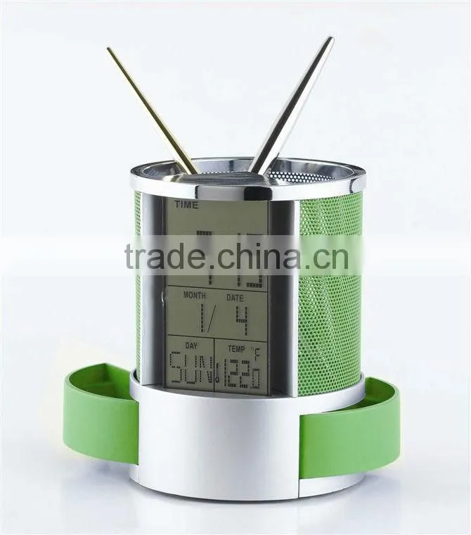 Plastic Transparent Multifunctional Pen holder Calendar Timer Thermometer Clock