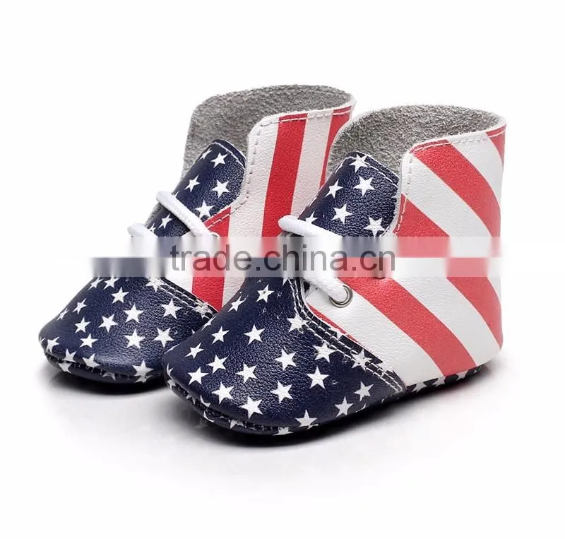 2017 New designs genuine leather usa flag baby moccasins high heel baby girl shoes with air hole