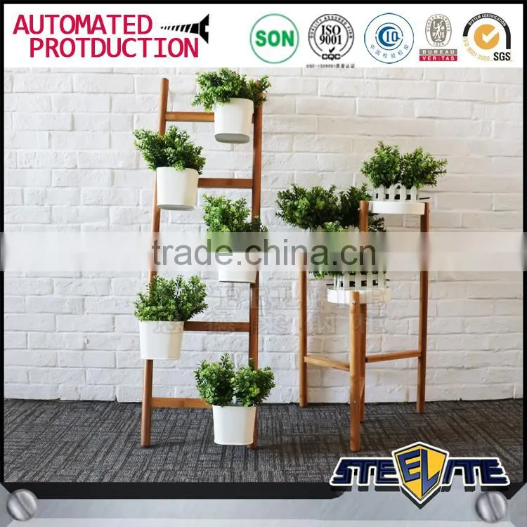 Wooden wall shelf design flowers display shelf with ladder