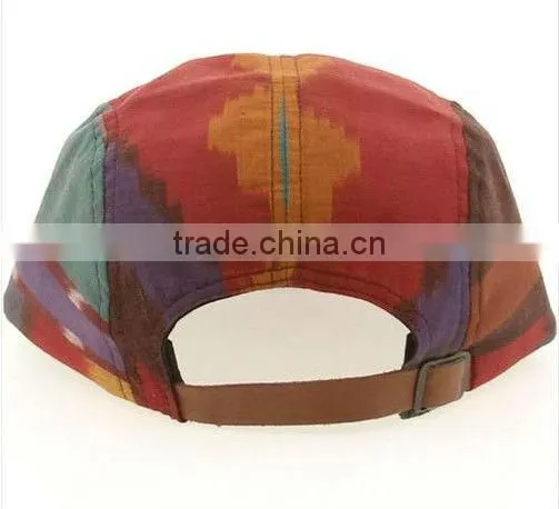 Cotton woven tag leather strap 5 panel flat brim hat
