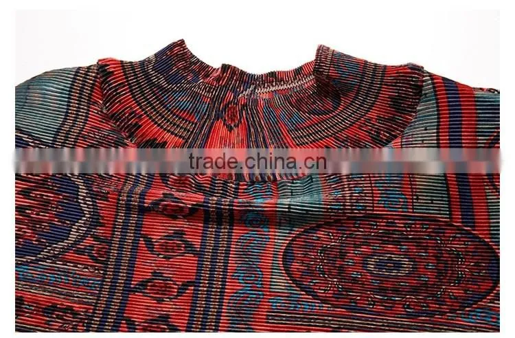 Women drape vintage printed retro style long sleeve dresses
