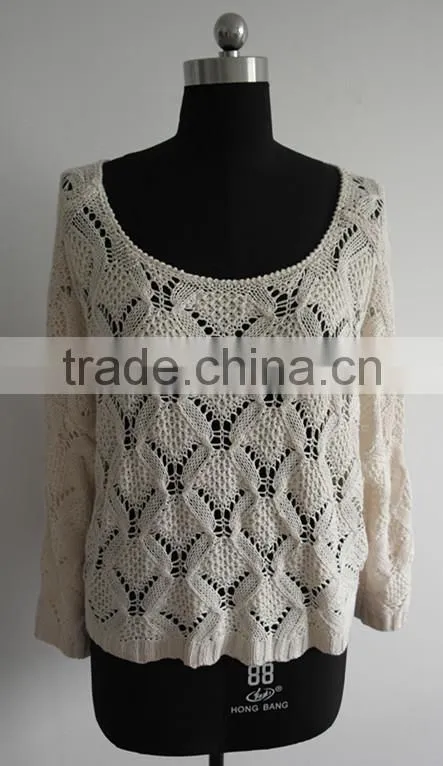 2014 ladies fashion round neck white pullover sweater
