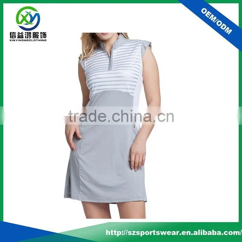 New Design Subliamtion stripe special sleeve Ladies Golf Long Dress In light grey