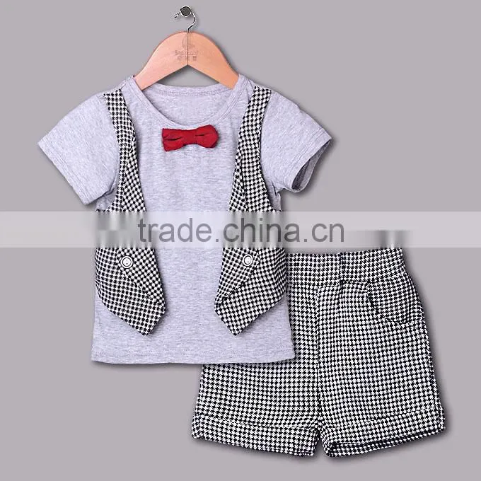 2016 Boy Clothing Set Grey Grid Summer Clothes Suits For Boys With Red Bow Tie Children Wear Toddler Clothes CS40420-24