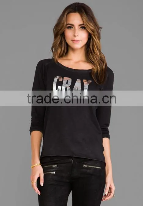 Metallic foil graphic rolled hem t-shirts