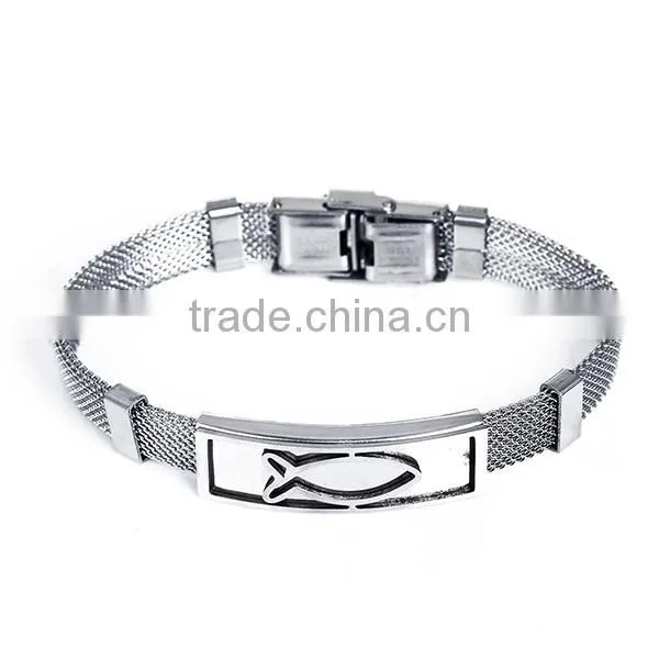 304 Stainless Steel Bracelets Silver Tone Rectangle Fish Curve 21.5cm long