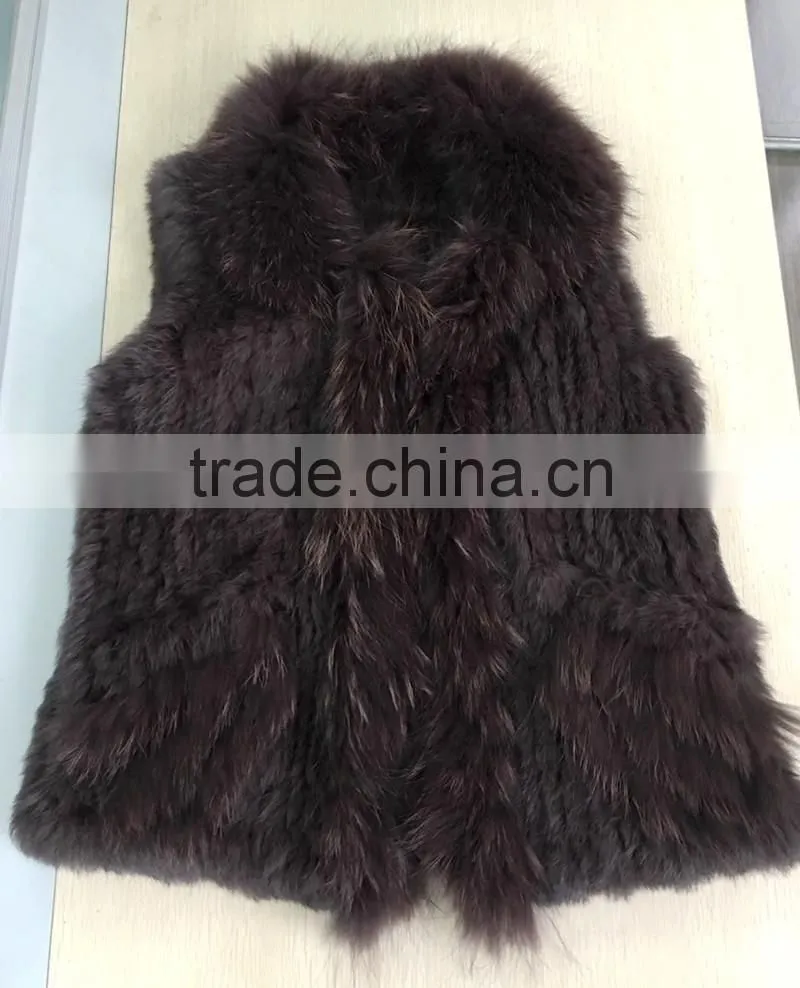 YR644 Women Genuine Rabbit Hand knit with Raccoon Fur Waistcoat Yanran Fur Factory OEM Order Fur Gilet