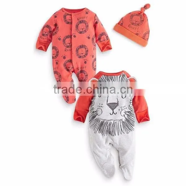 2016 spring bodysuit 3pcs cartoon animal long sleeve baby romper with hat