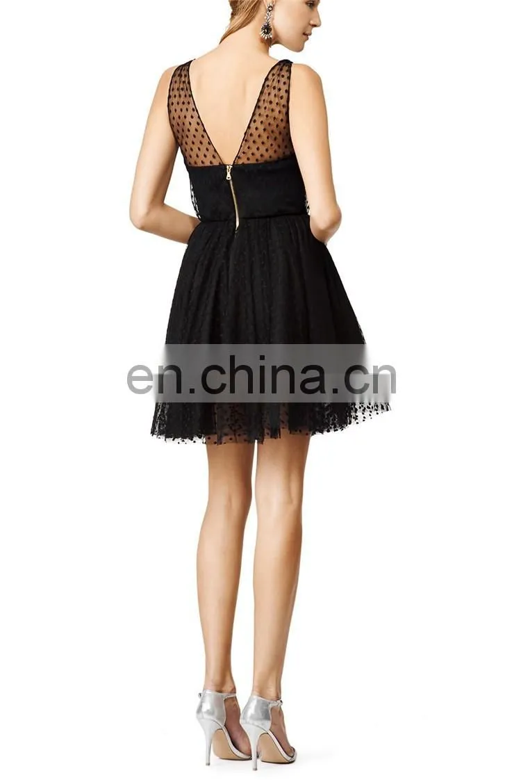 Design sleeveless black tulle classy and flirty ladies party dress 2016