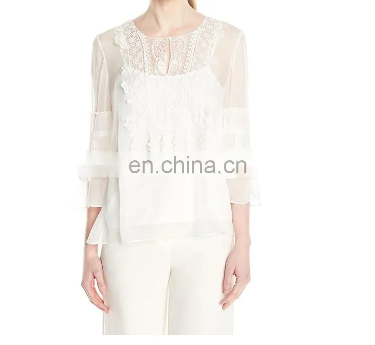 Cheap fashion high quality scoop neck chiffon ladieslong sleeve shirt wholesale