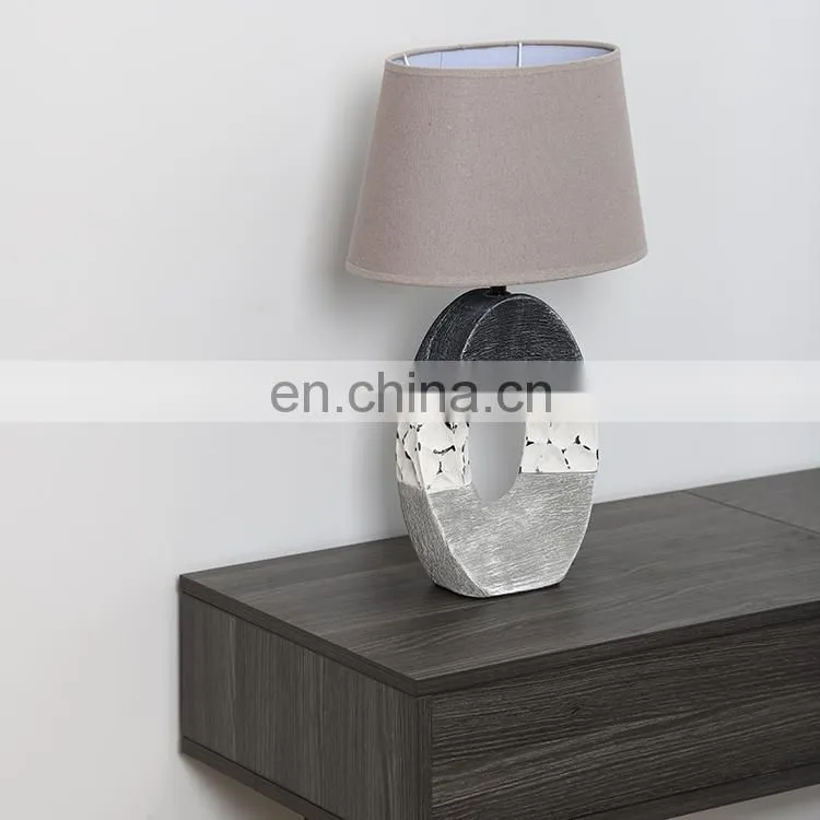 Modern art style grey and white base bedroom ceramic desk lamp for hotel