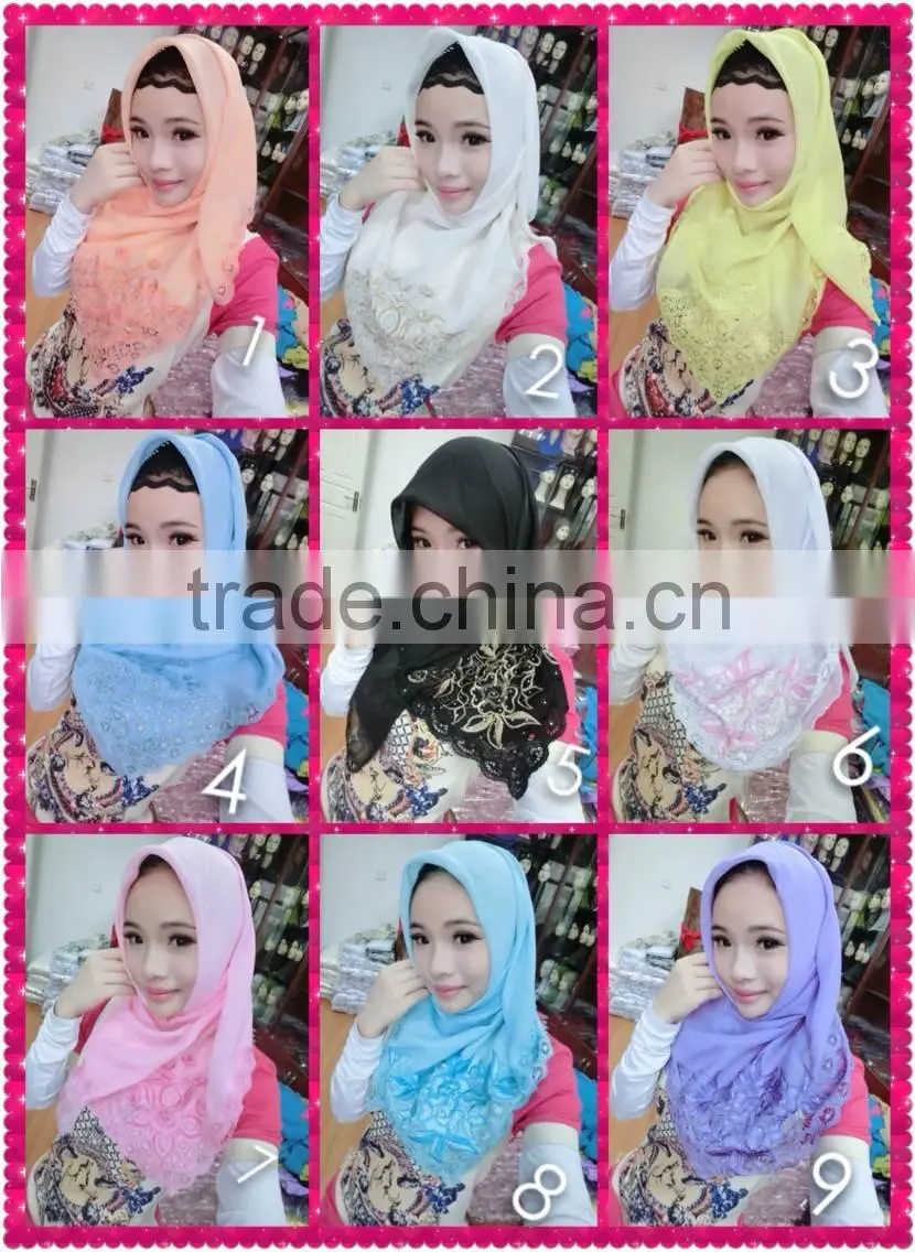 S124 newest super Embroidery flower voile muslim square scarf