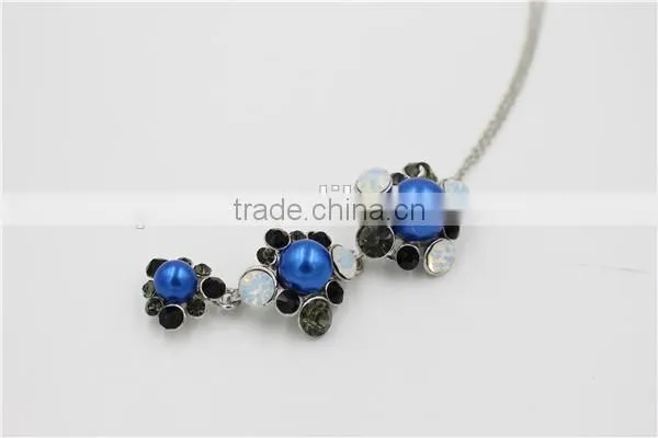 Popular blue 3 flowers pendant necklace fancy necklace and earring fashion jewelry set