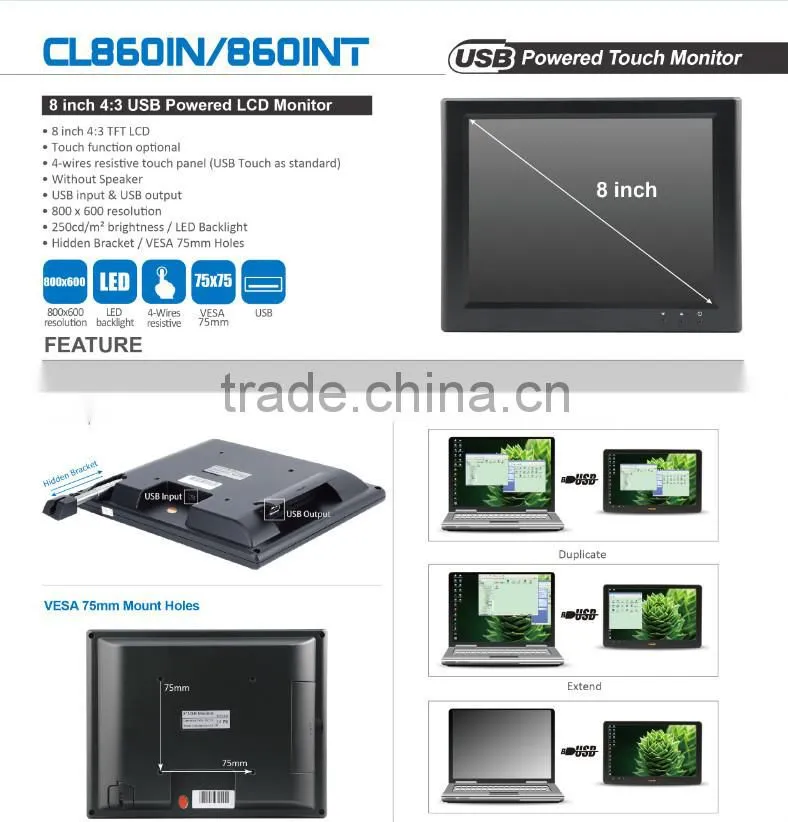 8 inch widescreen with WIFI USB Power touch screen lcd monitor