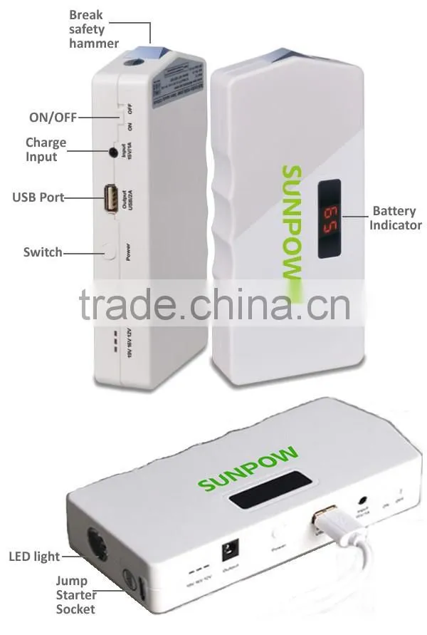 sunpow 12v lcd screen 12000mah hot selling charger for fireengine battery jump starter with Safety Hammer
