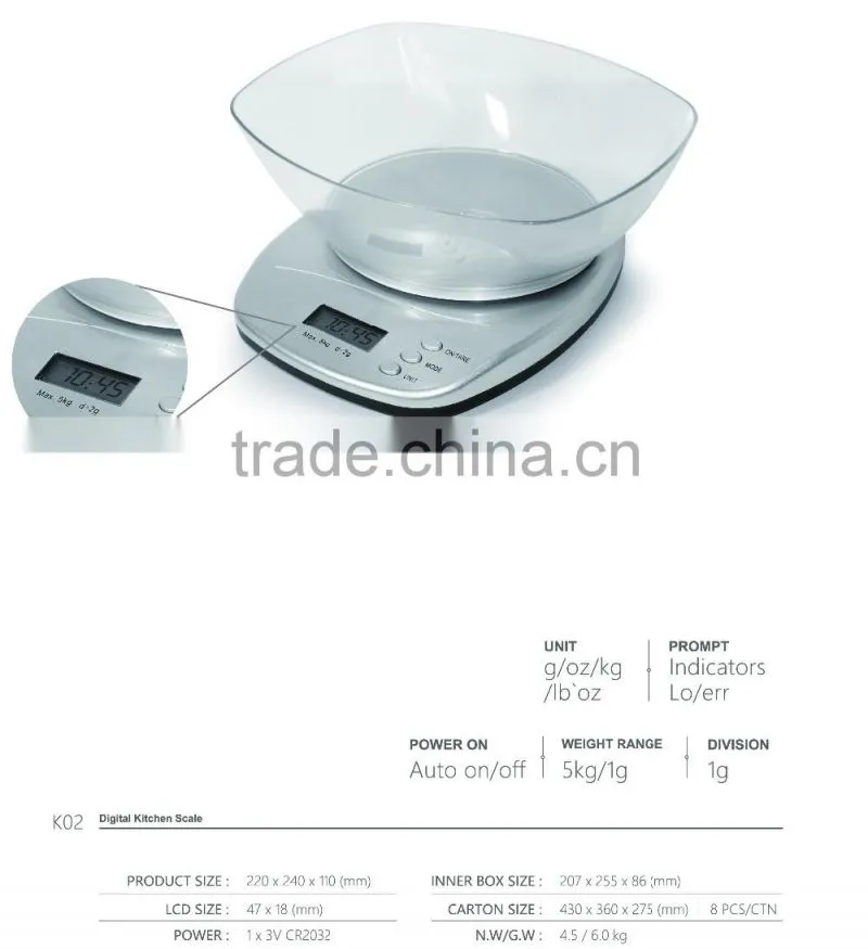 MAX 5KG,fashion design digital kitchen scale with bowl,clock function
