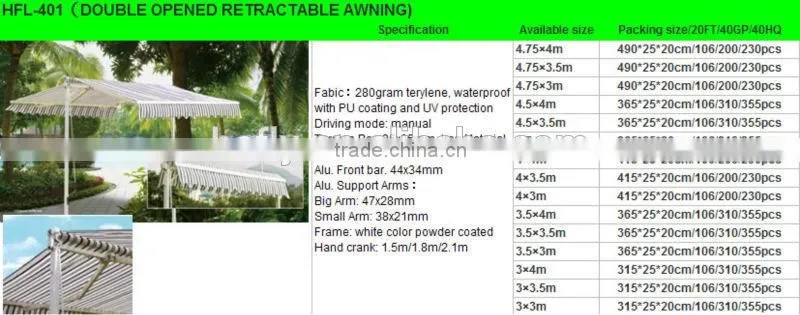 Free standing double side open retractable awning