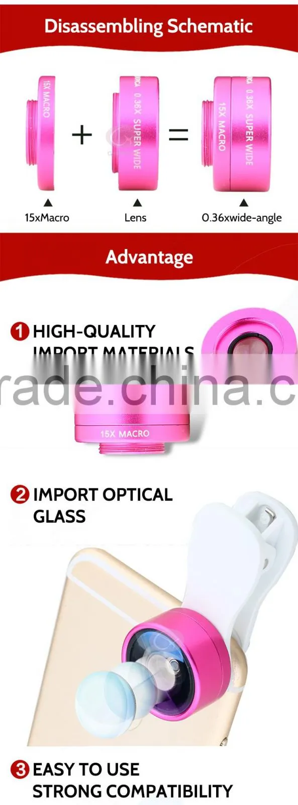 2016 China manufacturer 3 in 1 phone lens set 0.36x super wide-angle selfie cam lens