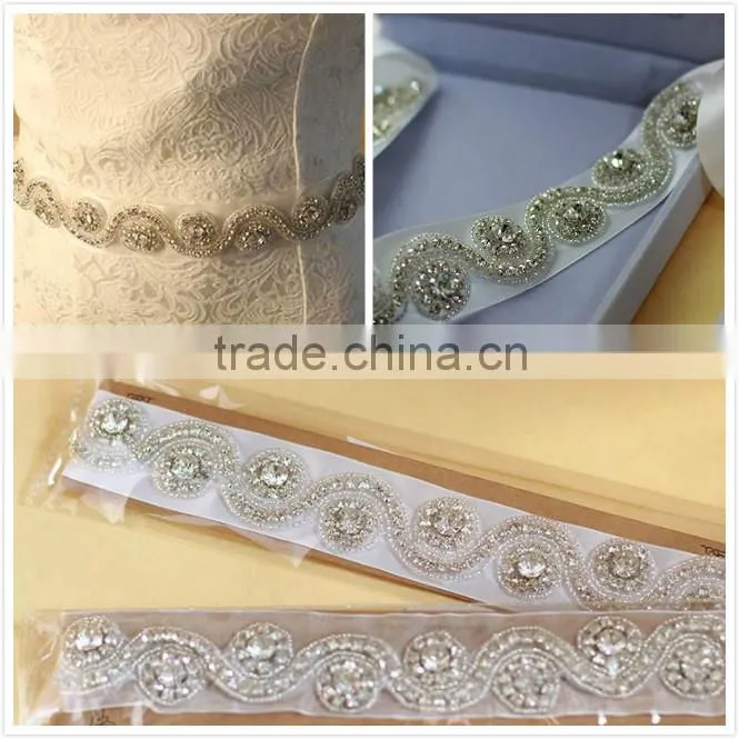 Wholesale diy bridal sash and belt Rhinestone trim applique patch silver WA016