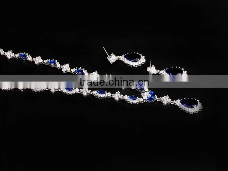 Top Design CZ Jewelry Blue Sapphire Necklace Sets 2015 Wholesale Wedding Bride Jewelry