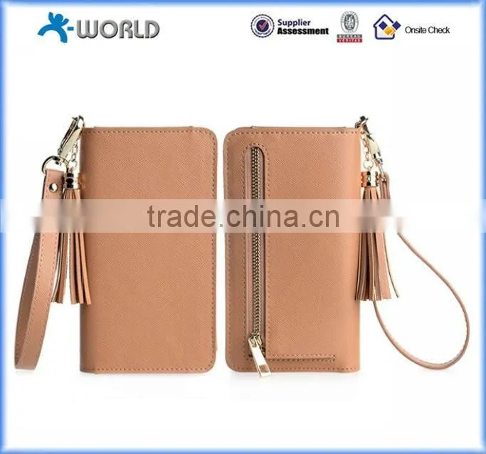 Cute Zipper Leather Wallet Case For iPhone 6S with wrist strap