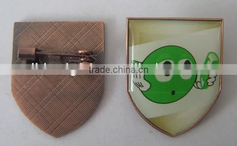 epoxy resin domed metal lapel pin,shiled shape metal epoxy pin badge