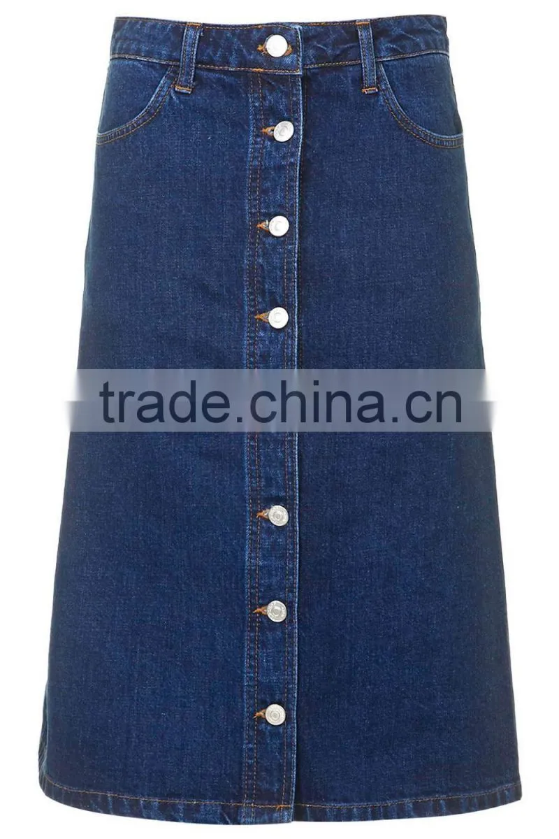 girls knee length Denim skirt open front Button Front Midi length Skirt