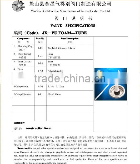 Polyurethane foam spray valve- Tube type
