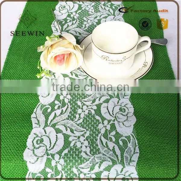color dyed environmental hotsale natural jute table runner with white lace