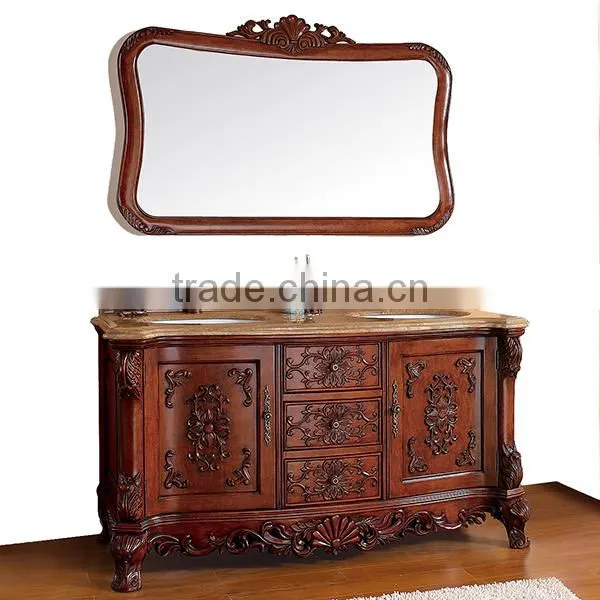 Vintage Ornate Baroque Reproduction Italian Style Solid Wood Bathroom Cabinet with Brown Marble Countertop BF12-06144b