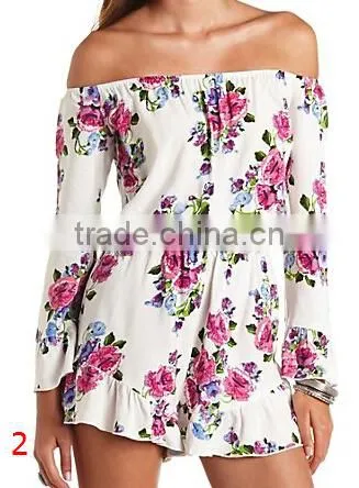 Women Sexy Illusion Ruffle Romper Long Sleeve Short Floral Off The Shoulder playsuit