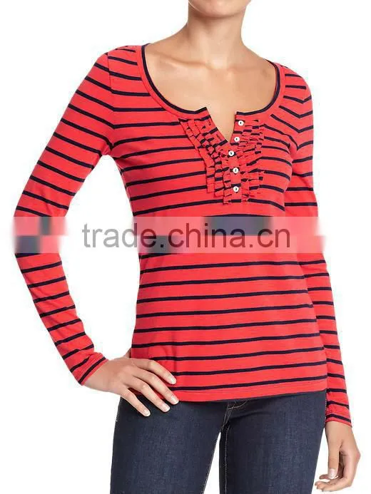 Womens striped long sleeve t shirt with ruffled placket